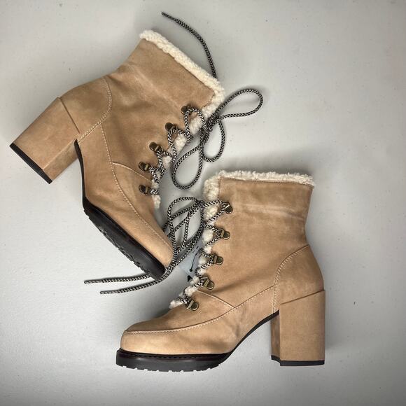 Stuart Weitzman Tan Shearling Lace Up Suede Yukon Boots Size 7 - Picture 2 of 9
